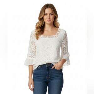 PerSeption Concept White Lace Square Neck 3/4 Sleeve Blouse with Ruffle Cuffs